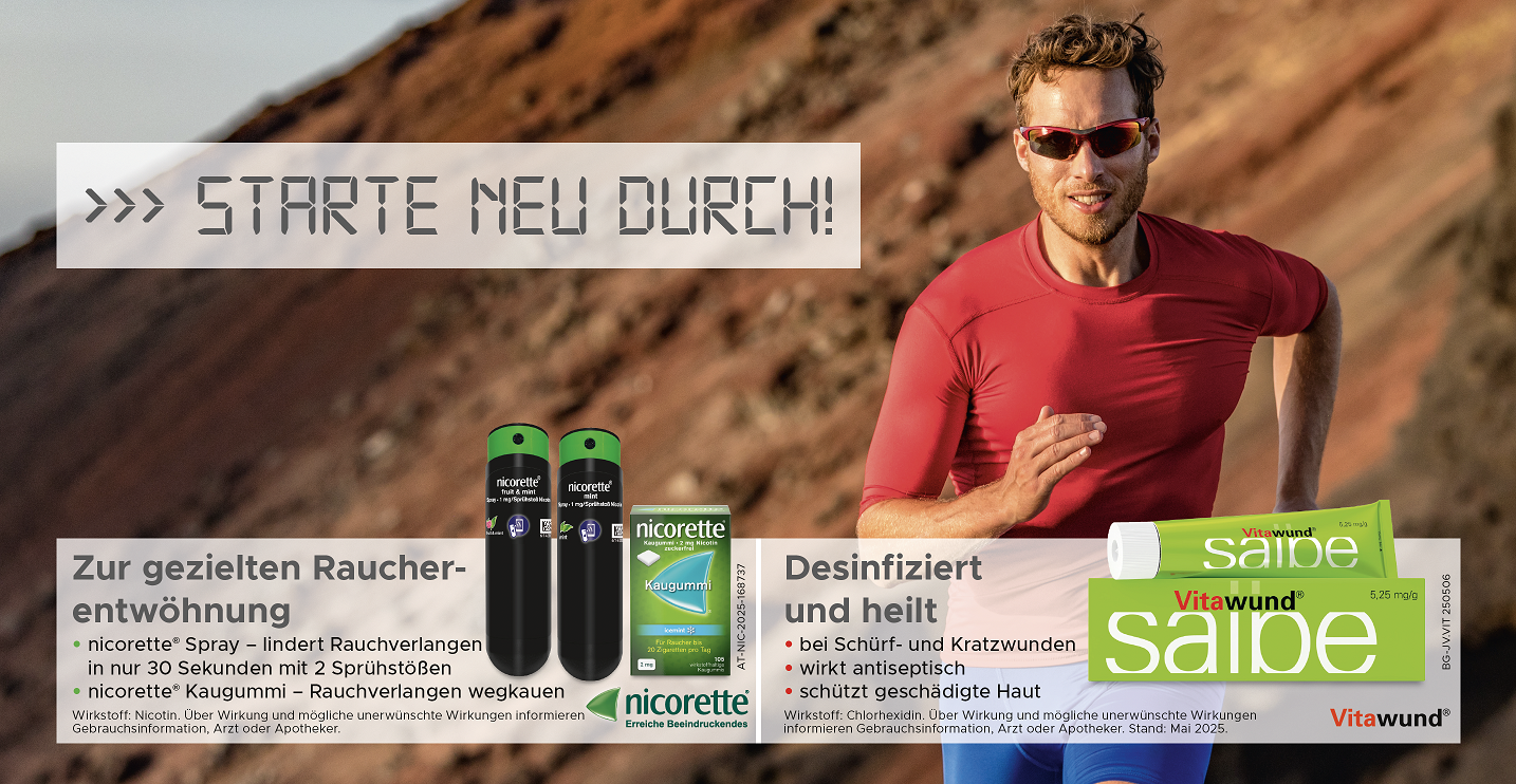 Nicorette und Vitawund Werbebanner mit Läufer und den Produkten